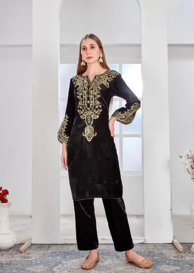 Black Heavy Embroidered Velvet Full Sleeves Kurti Pant Set