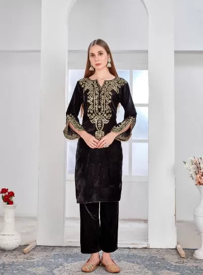 Black Heavy Embroidered Velvet Full Sleeves Kurti Pant Set