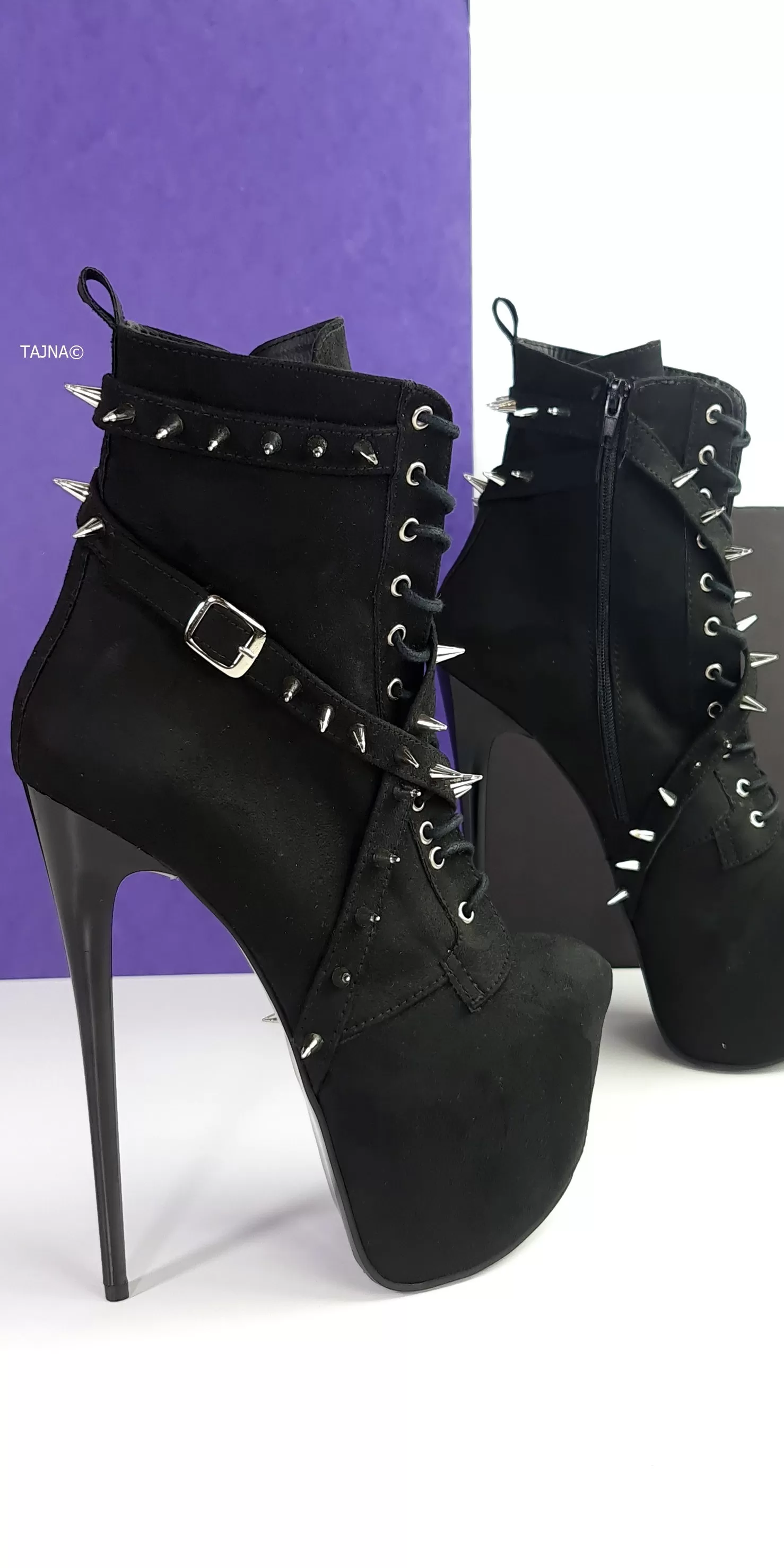 Black Suede Long Spike Studs Rocker Boots