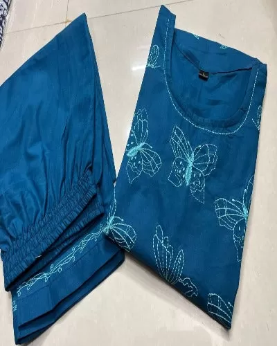 Blue Cotton Butterfly Embroidered Kurti Pant Set Of 2