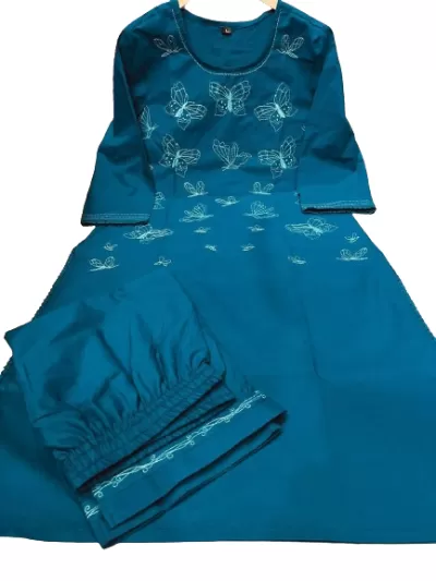 Blue Cotton Butterfly Embroidered Kurti Pant Set Of 2