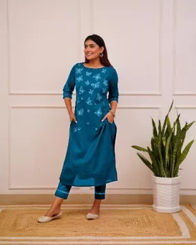 Blue Cotton Butterfly Embroidered Kurti Pant Set Of 2