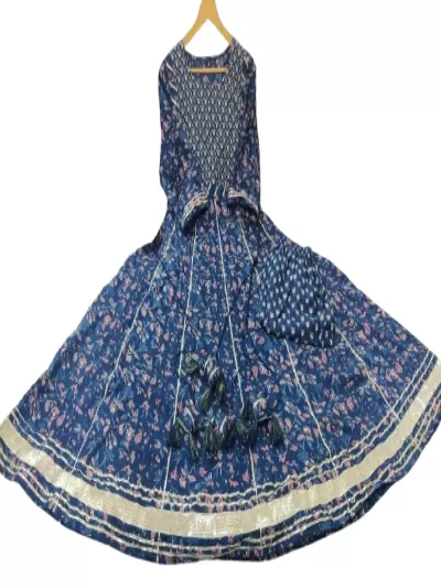 Blue Embroidered Cotton Flair Anarkali With Pant