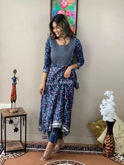 Blue Embroidered Cotton Flair Anarkali With Pant