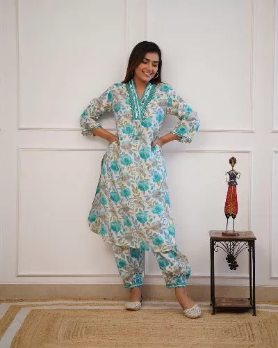 Blue Floral Print Cotton Afghani Style Kurti Pant Set Of 2