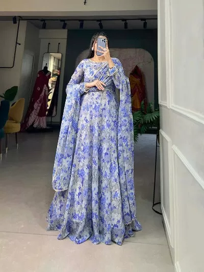 Blue Floral Tussar Silk Anarkali Gown With Dupatta Set 0f 2