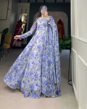 Blue Floral Tussar Silk Anarkali Gown With Dupatta Set 0f 2