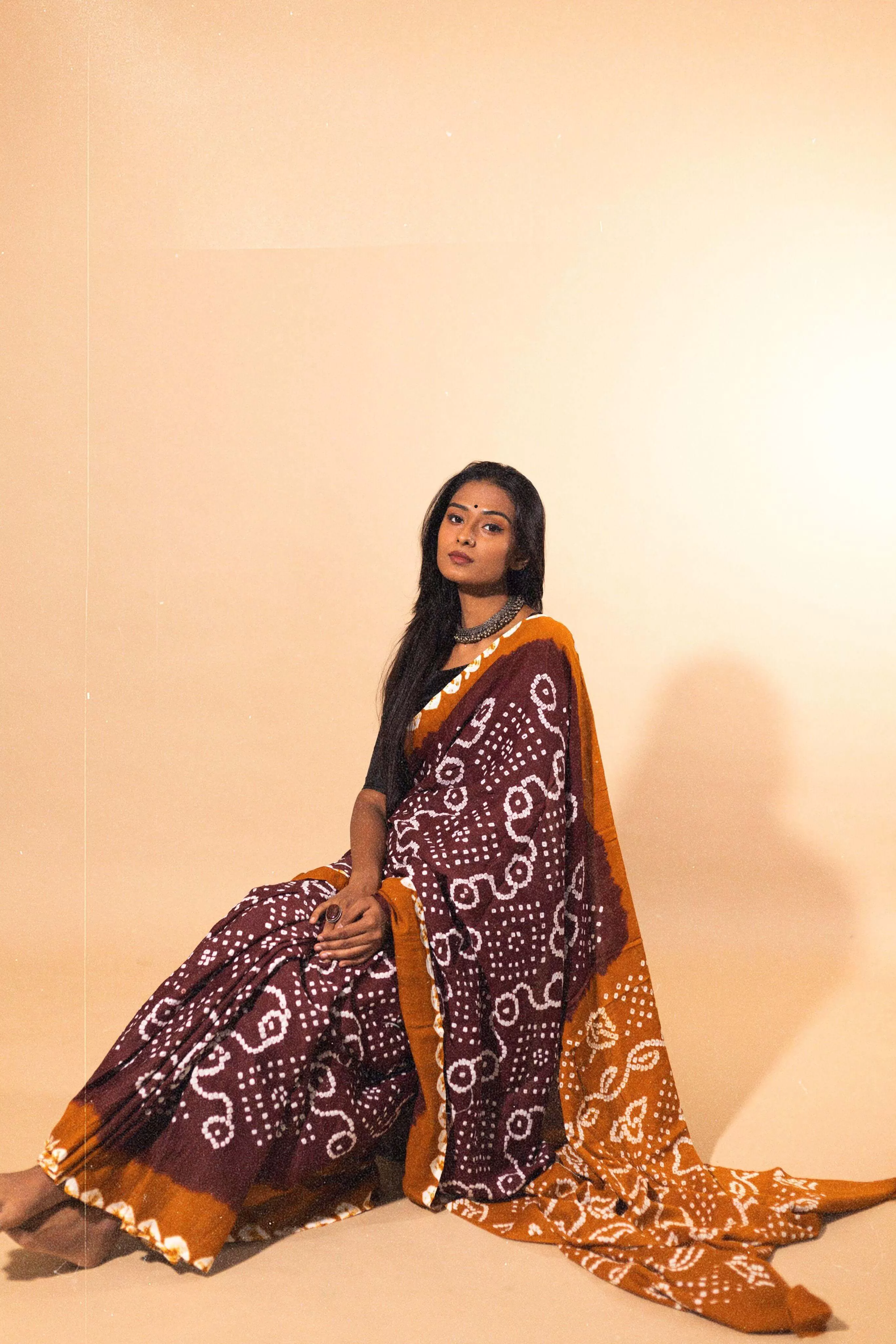 Boond - Bandhani mustard and brown cotton Bandhani cotton saree