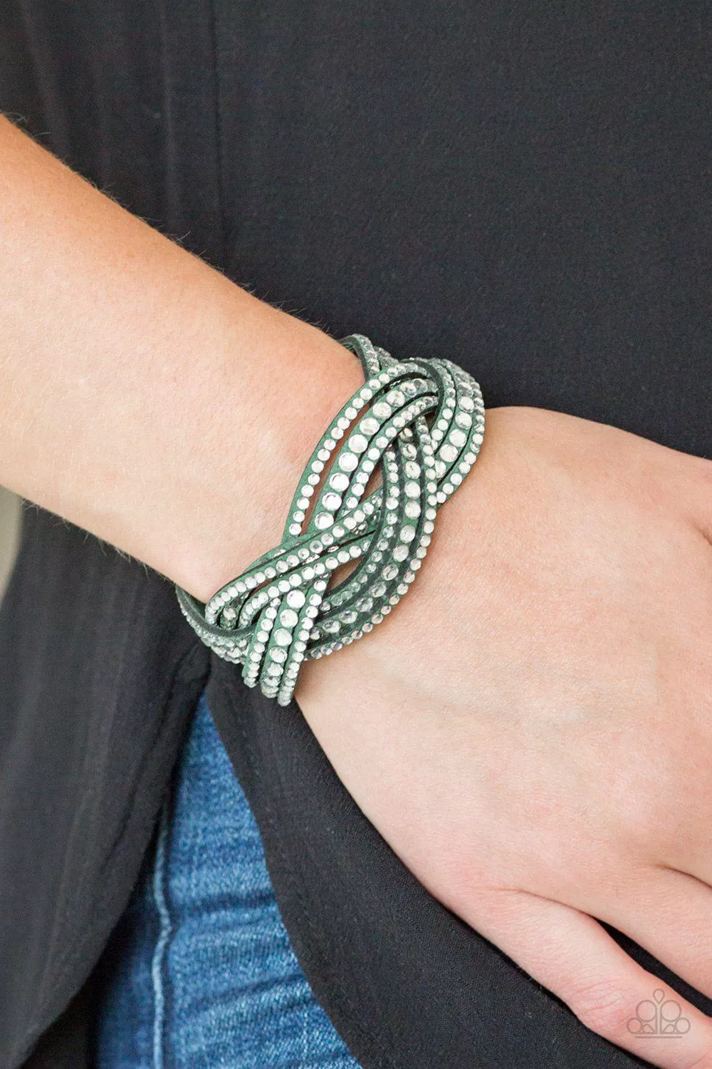 Bring on the Bling Green and White Rhinestone Braided Urban Wrap Snap Bracelet - Paparazzi Accessories