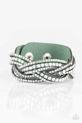 Bring on the Bling Green and White Rhinestone Braided Urban Wrap Snap Bracelet - Paparazzi Accessories