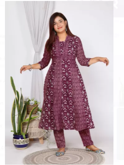 Burgandy A Line Kurti Pant Set