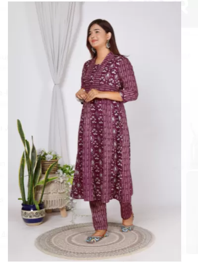 Burgandy A Line Kurti Pant Set