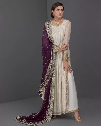 Burgandy Chunni Cream Anarkali Gold UK Next Day