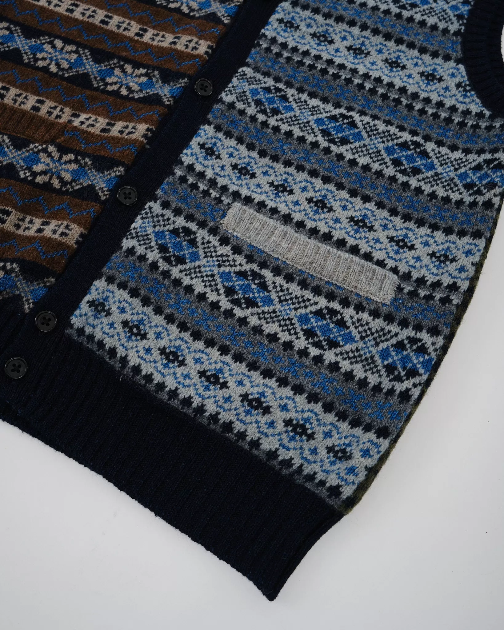 Button Knit Vest Indigo Fair Isle Panel