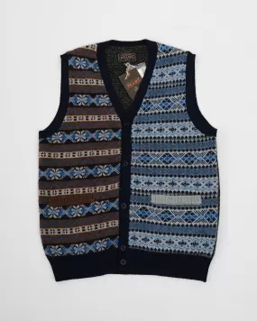 Button Knit Vest Indigo Fair Isle Panel