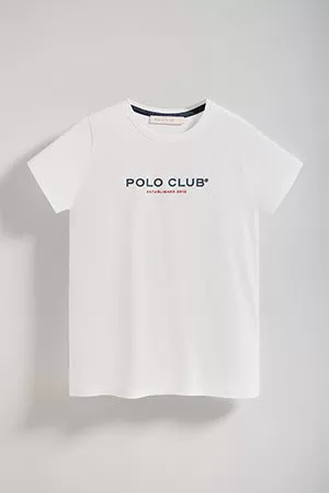 Camiseta para mujer de cuello redondo blanca con logo engomado Minimal Title Polo Club