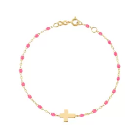 Child Cross Charm Classic Gigi Pink bracelet, Yellow Gold, 5.9"