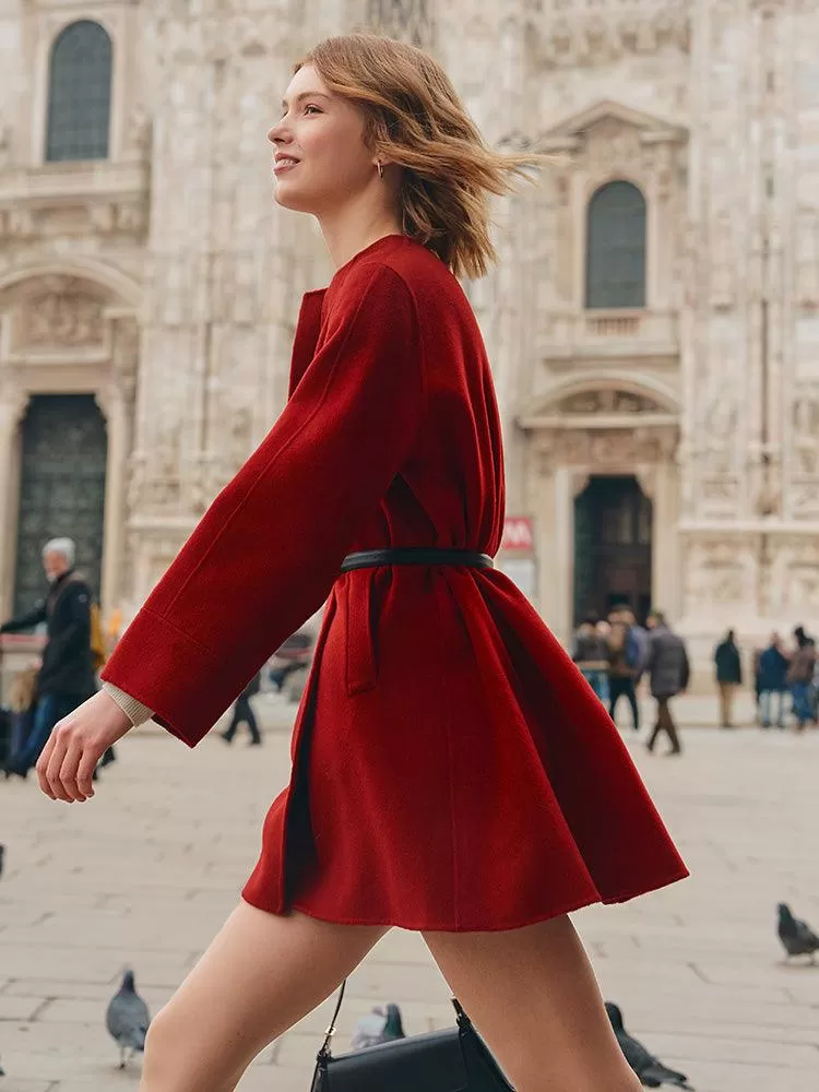 Chili Red Woolen Coat with Belt