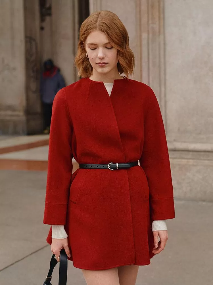 Chili Red Woolen Coat with Belt