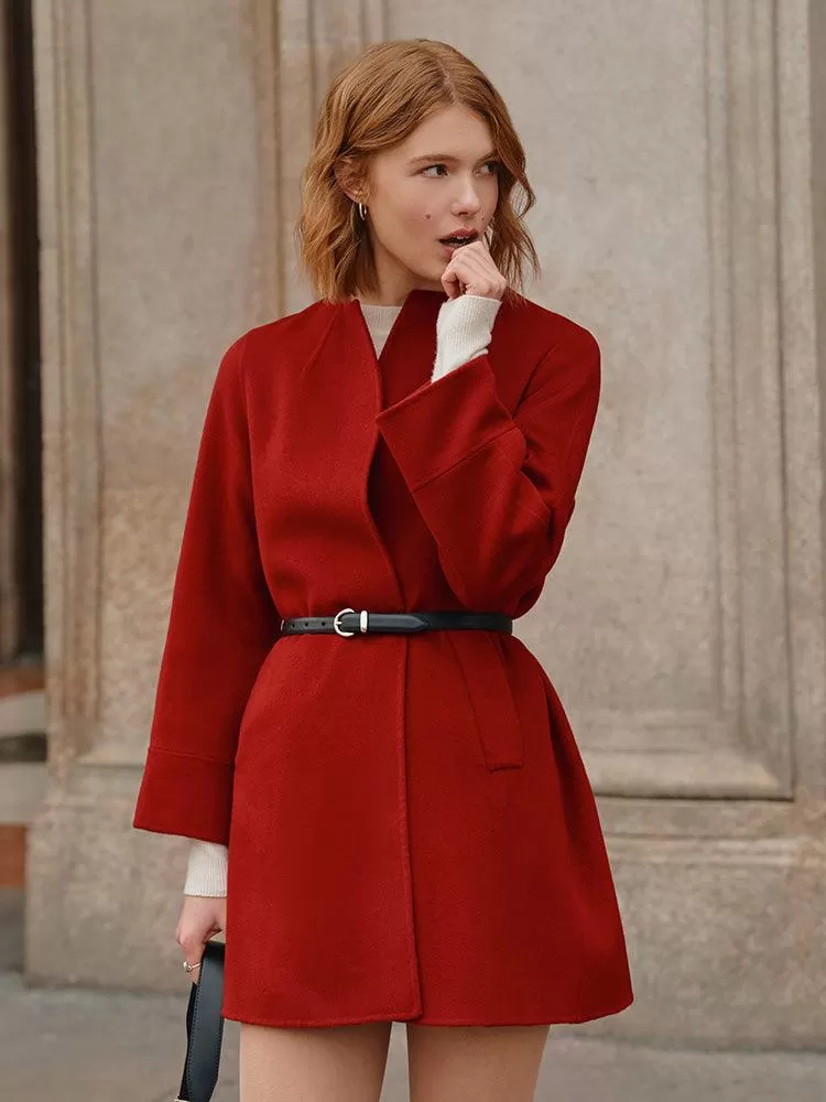 Chili Red Woolen Coat with Belt