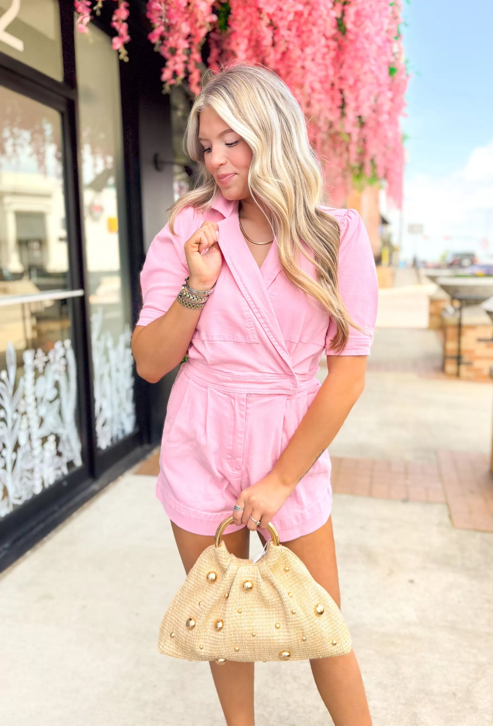 City Chic Denim Romper in Soft Pink