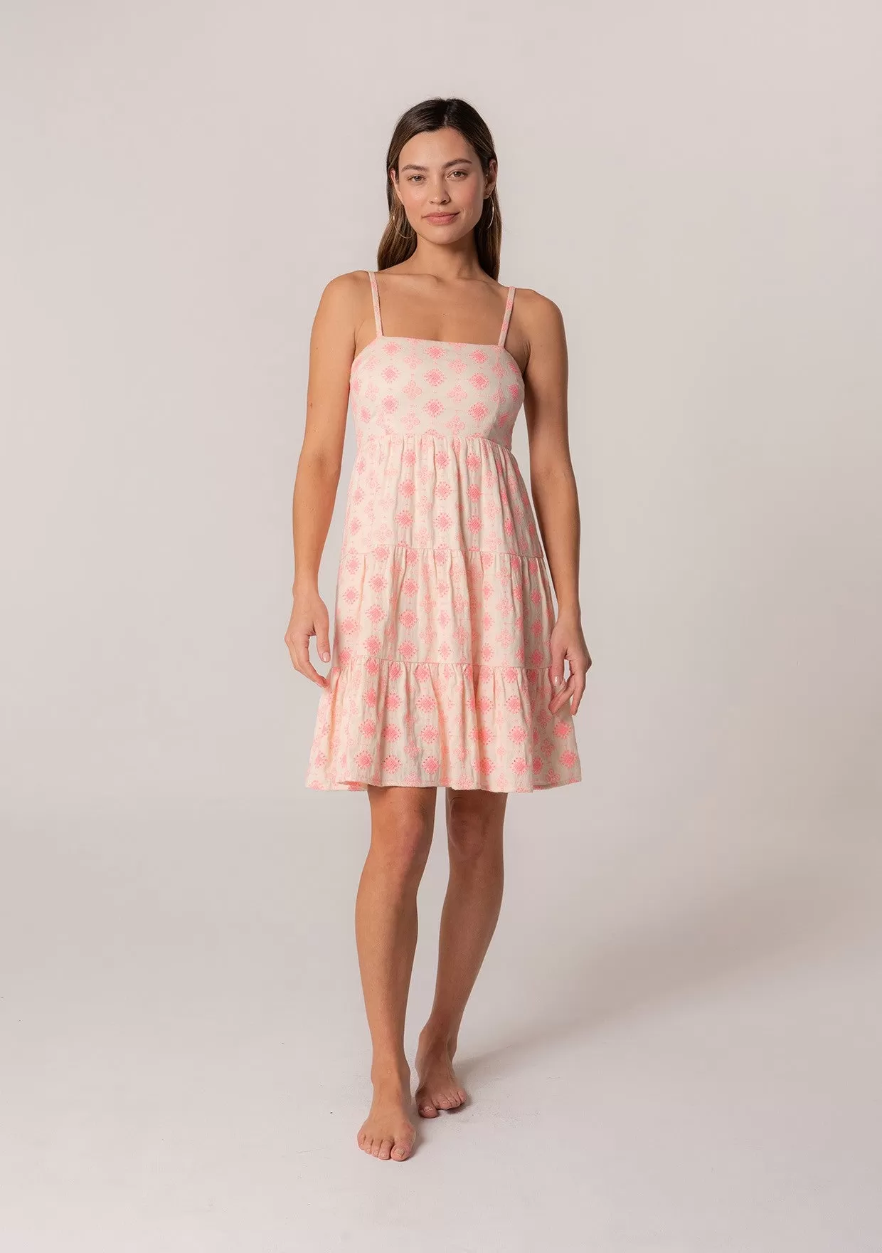 Clara Embroidered Mini Dress, Natural/Pink