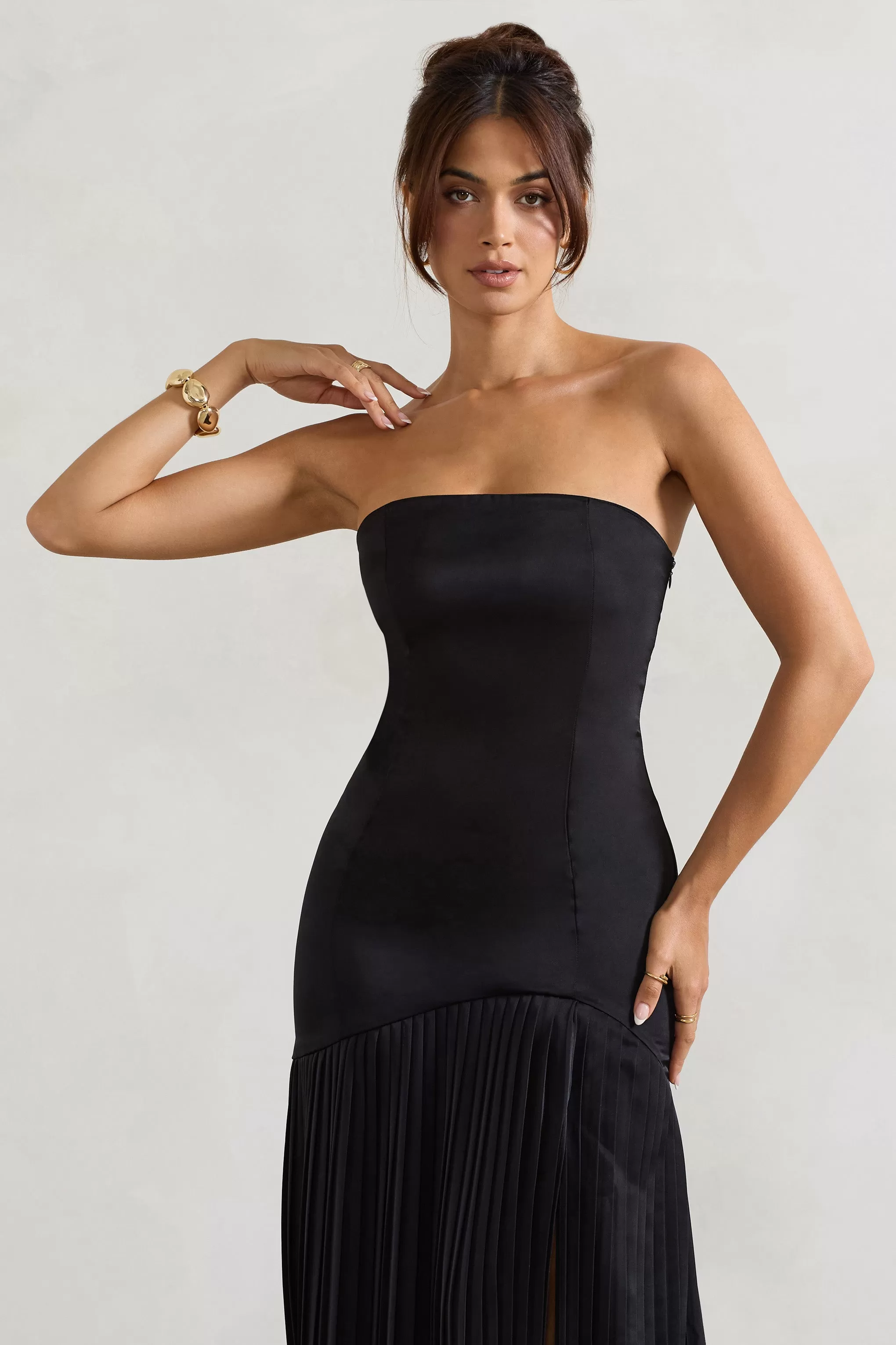 Confidence | Black Satin Bandeau Pleated Split Maxi Dress