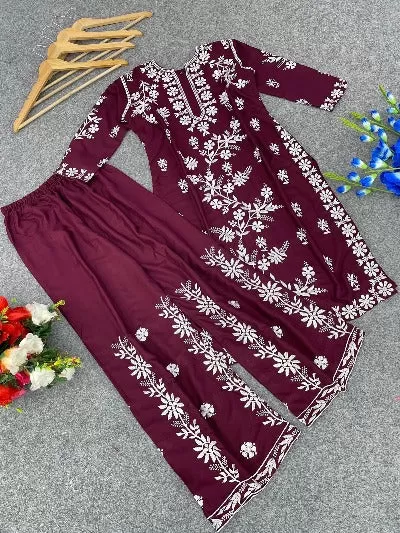 Cotton Chikankari Work Kurti Palazzo Set