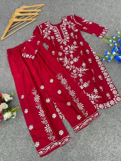 Cotton Chikankari Work Kurti Palazzo Set