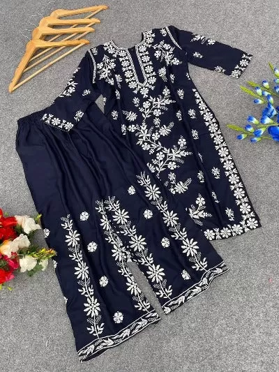 Cotton Chikankari Work Kurti Palazzo Set