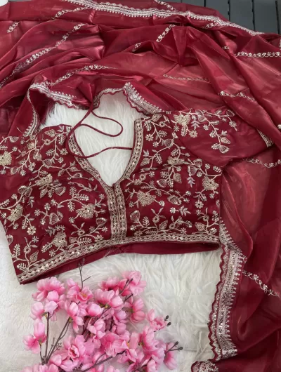 DarK Red Sari with Readymade stitched blouse Uk Next Day