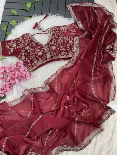 DarK Red Sari with Readymade stitched blouse Uk Next Day