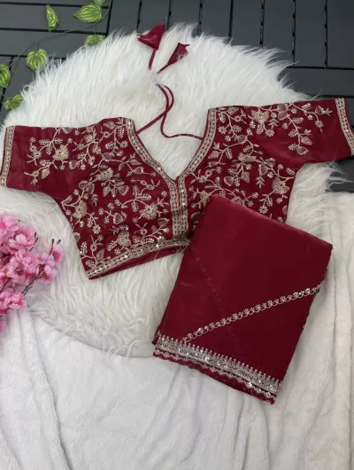 DarK Red Sari with Readymade stitched blouse Uk Next Day