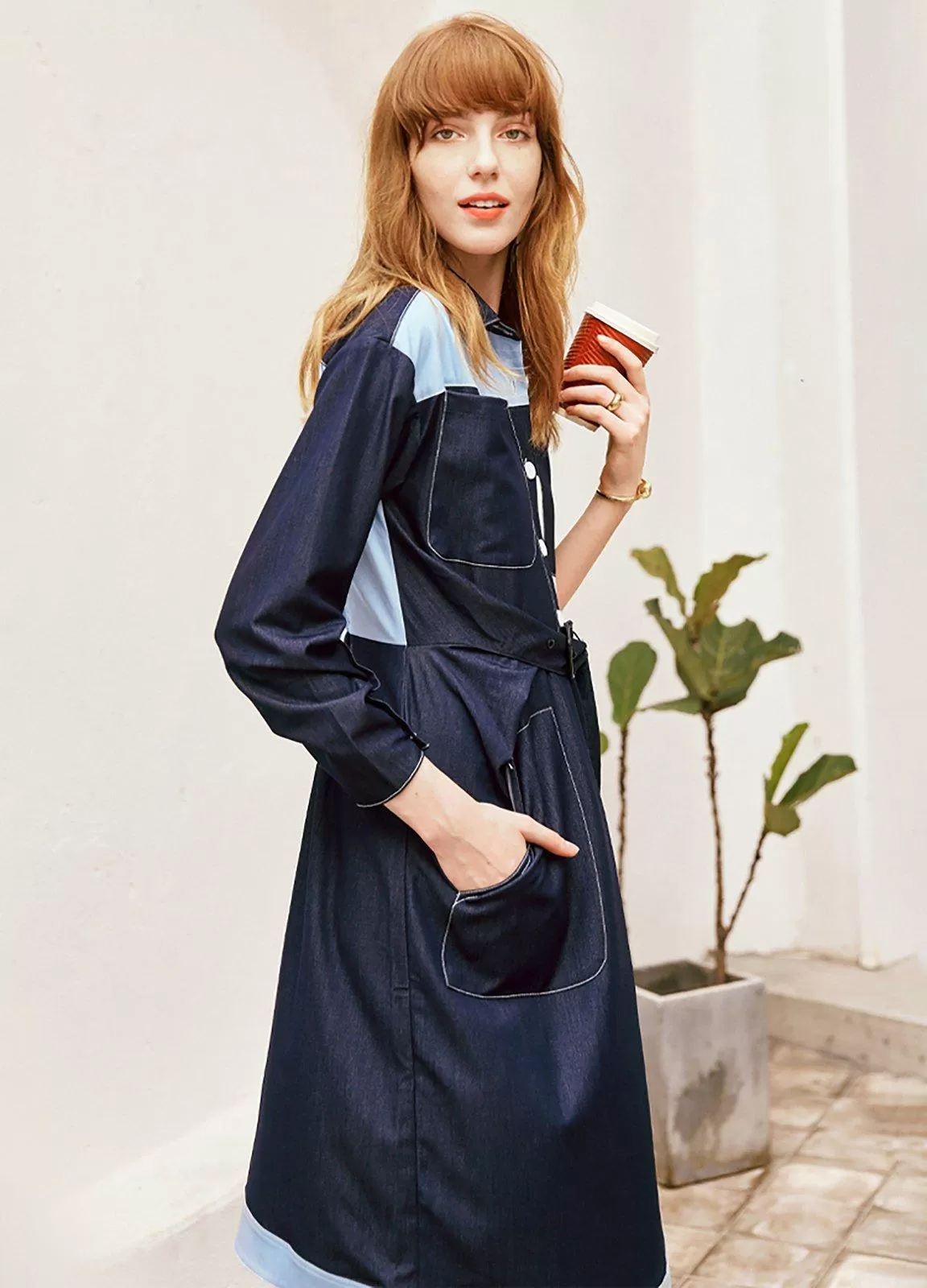 Denim Patchwork Belted High Low Shirtdress