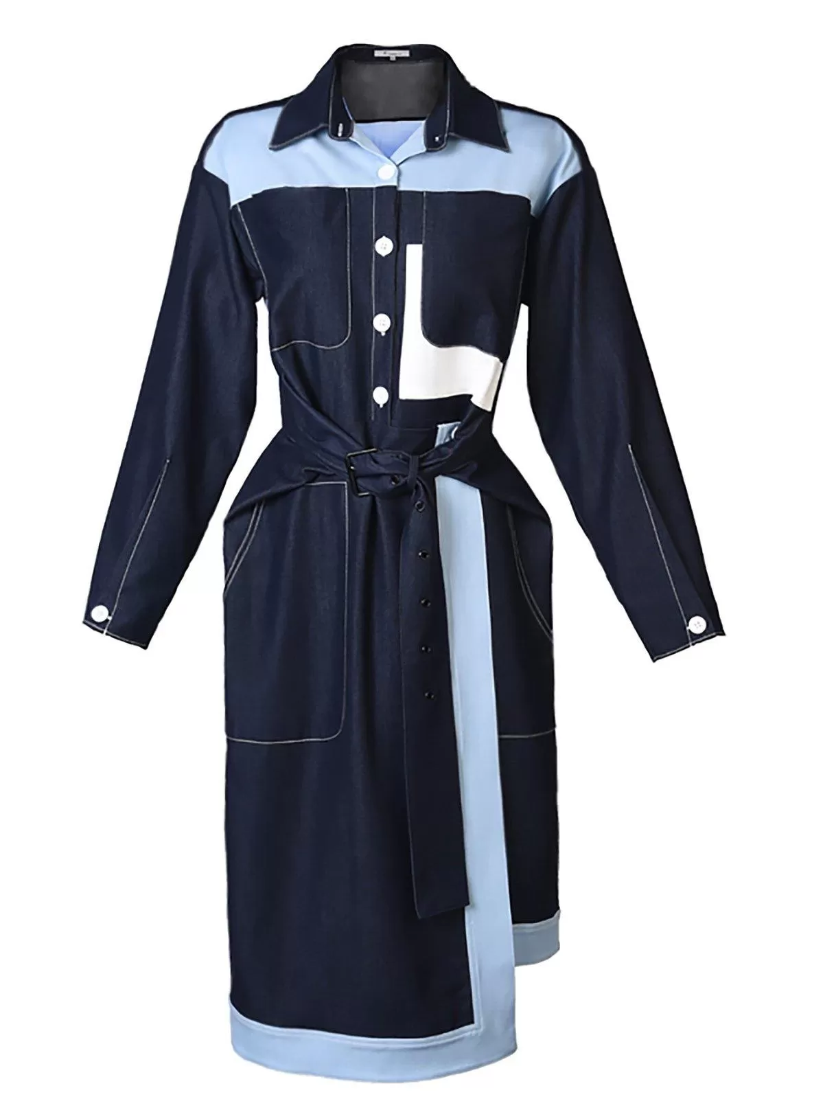 Denim Patchwork Belted High Low Shirtdress