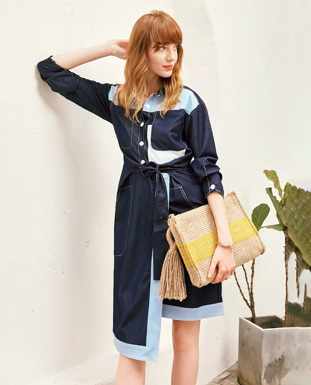 Denim Patchwork Belted High Low Shirtdress