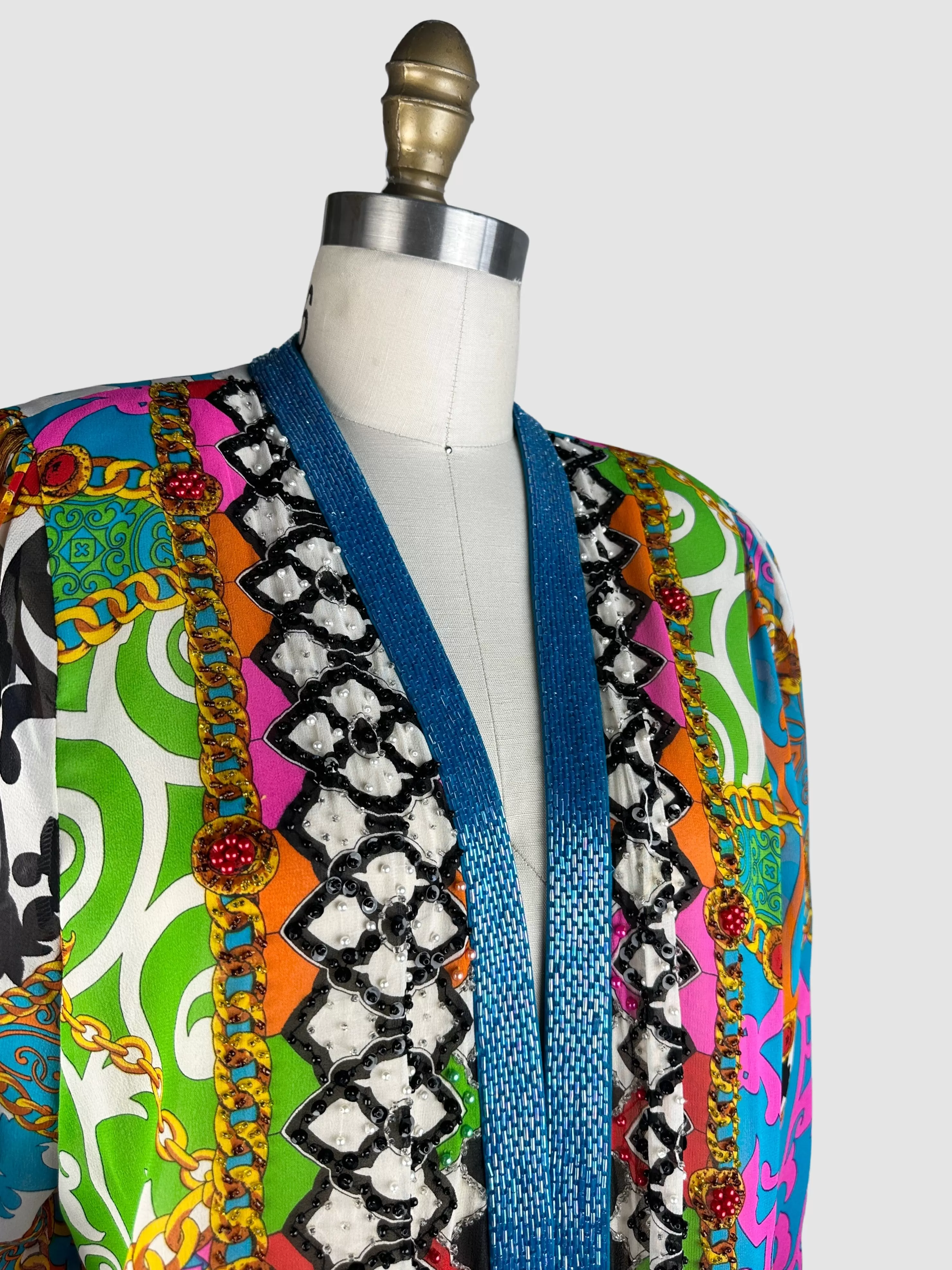 DIANE FREIS 80s Baroque Print Beaded Silk Jacket   Small