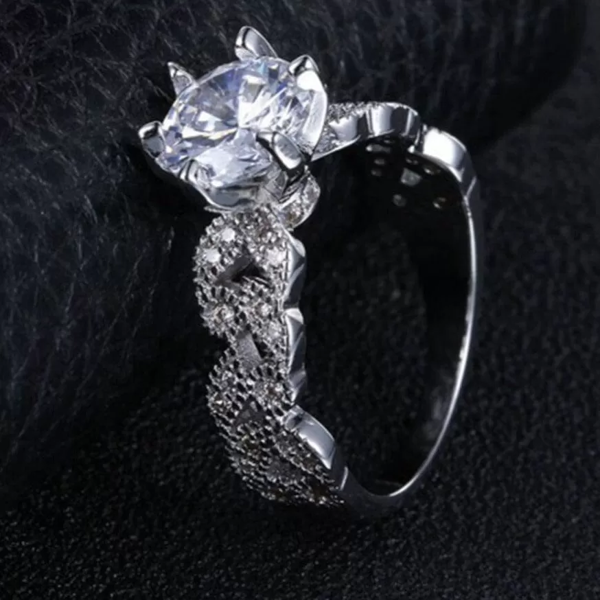 Elegant Leaves Diamond Ring - 925 Sterling Silver