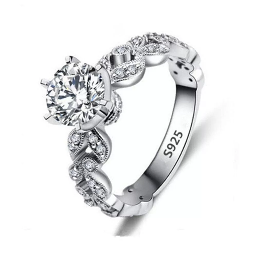 Elegant Leaves Diamond Ring - 925 Sterling Silver