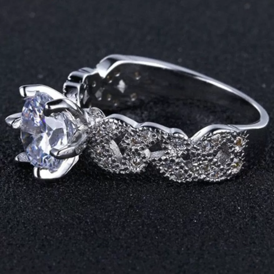 Elegant Leaves Diamond Ring - 925 Sterling Silver