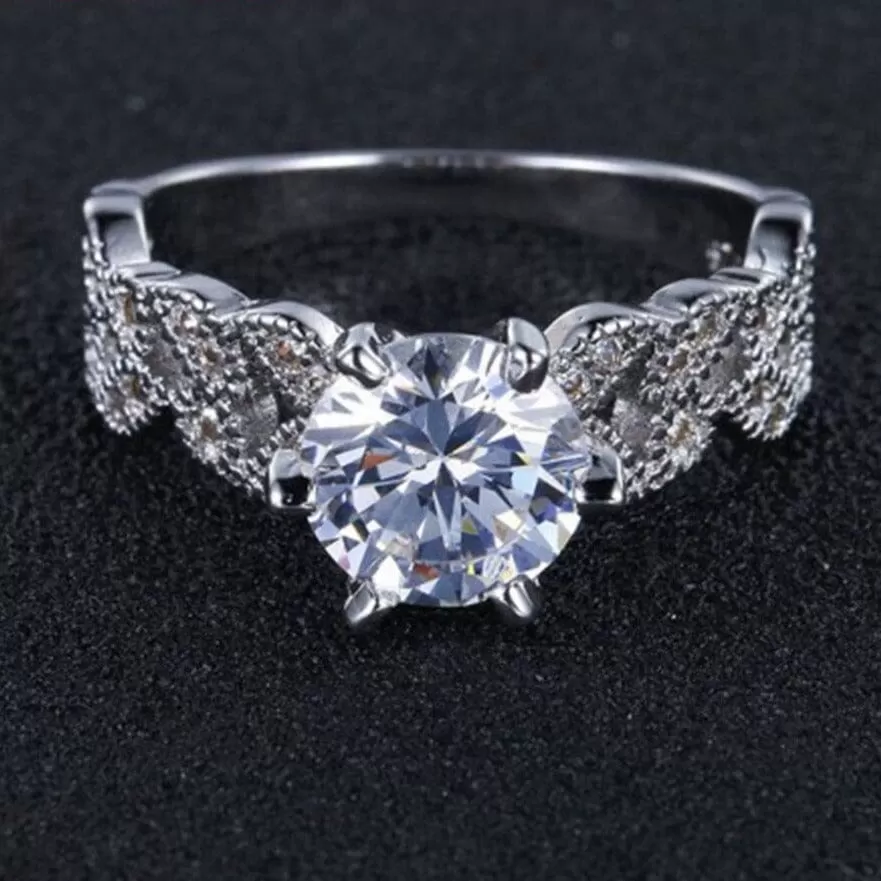 Elegant Leaves Diamond Ring - 925 Sterling Silver