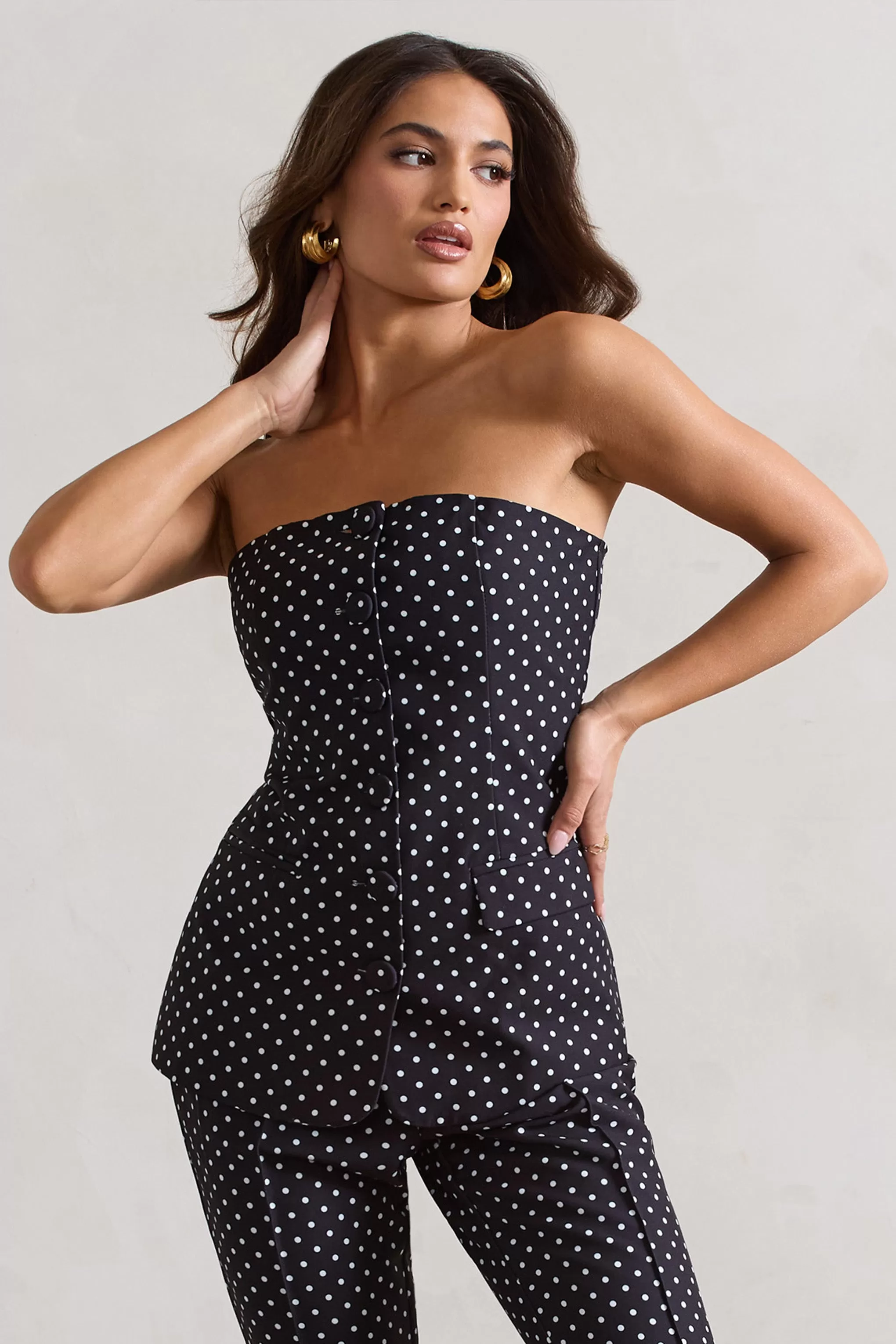 Elliana | Black Polka Dot Strapless Button Front Tailored Top