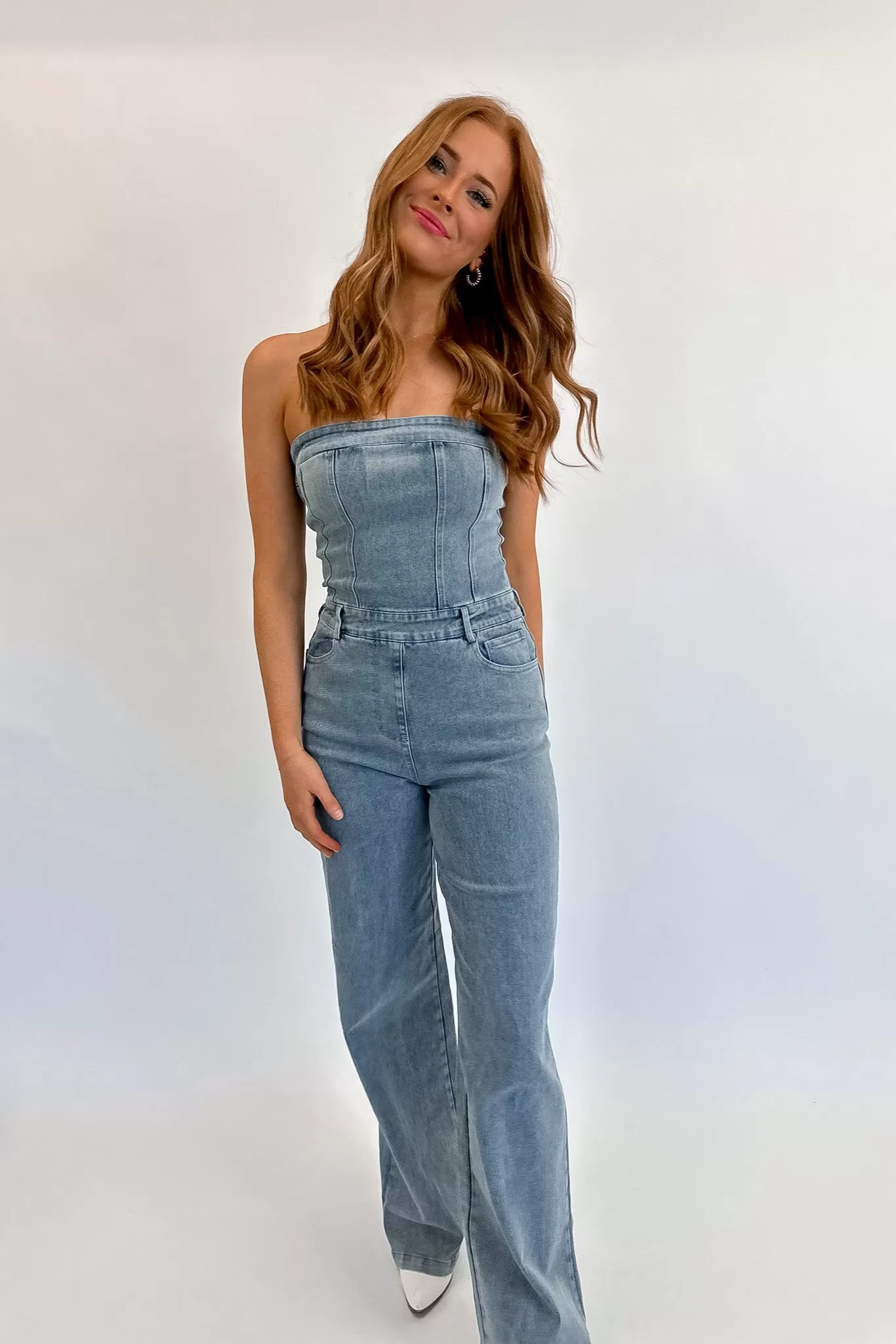 Faded Denim Strapless Jumpsuit