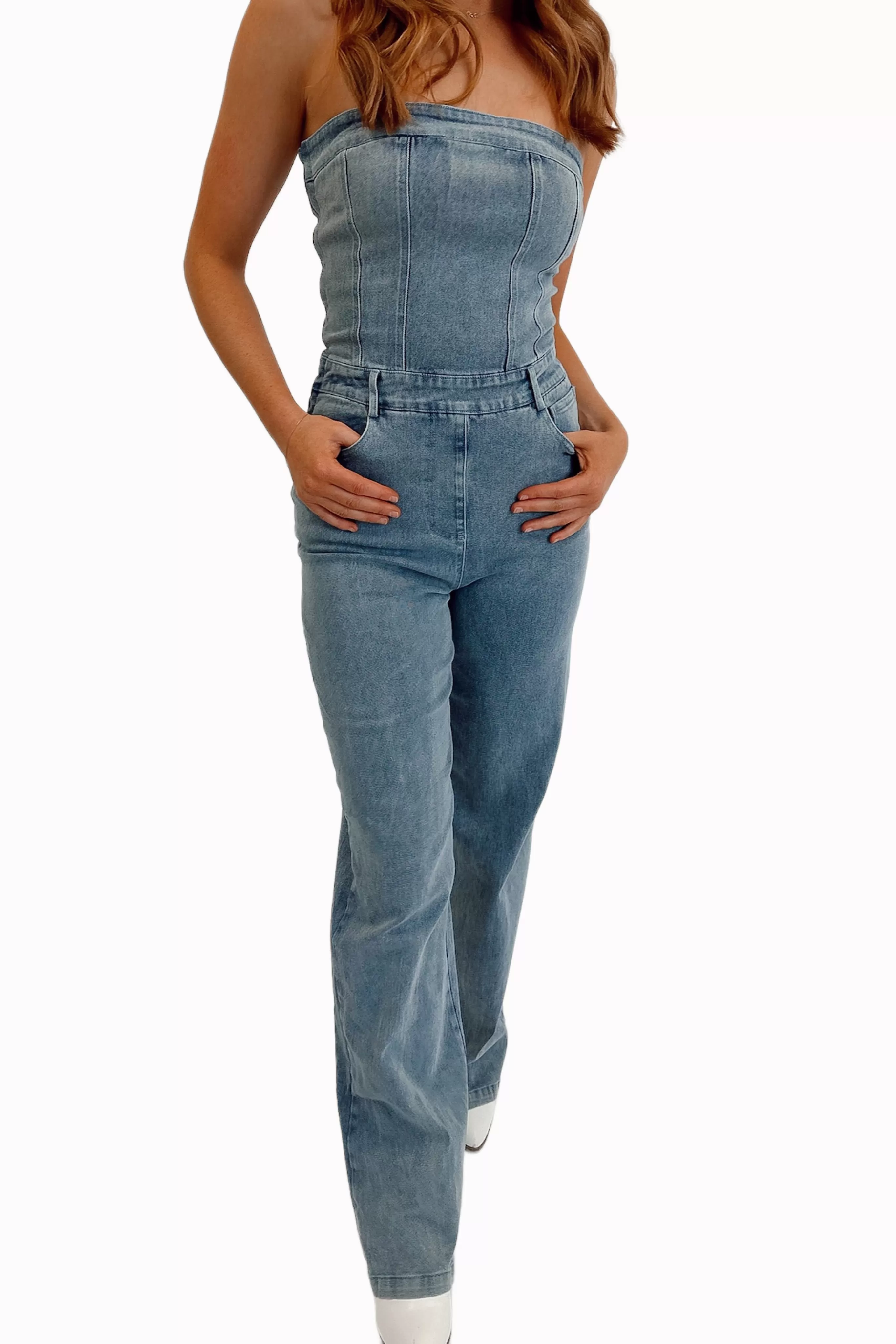 Faded Denim Strapless Jumpsuit