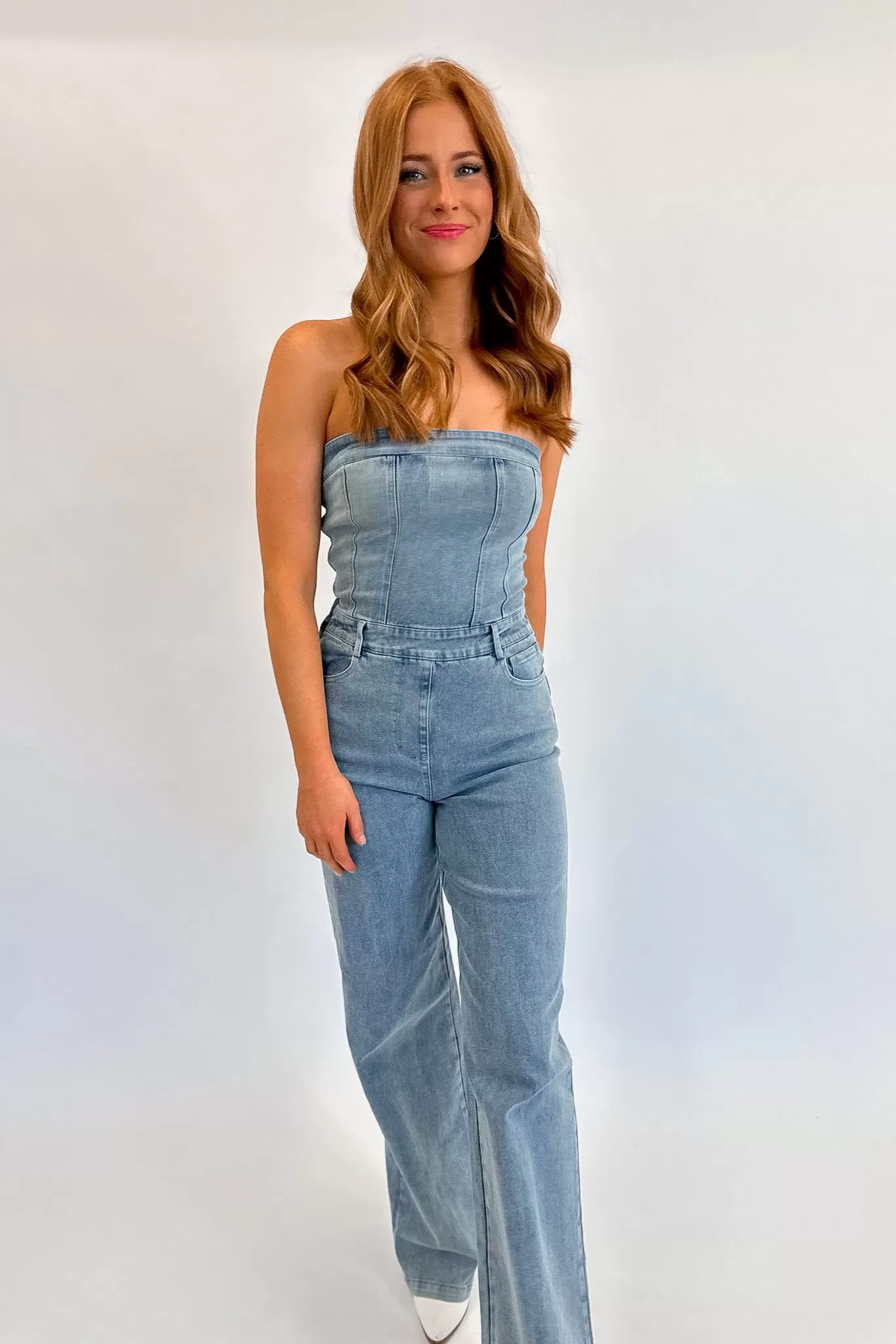 Faded Denim Strapless Jumpsuit