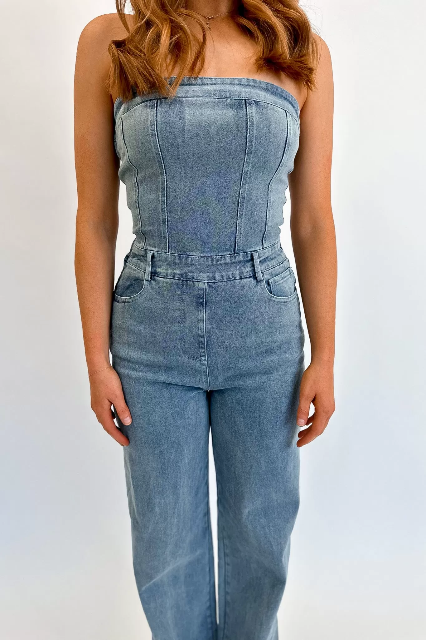 Faded Denim Strapless Jumpsuit