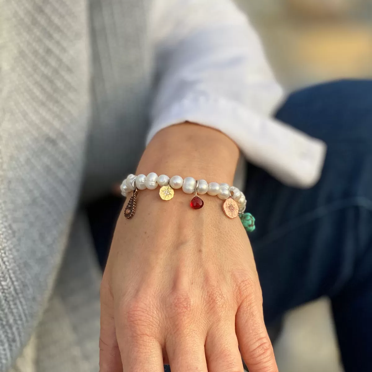 Find Your True North Pearl Bracelet with Silver, Gold, Brass and Rose Gold Charms - Petite Version