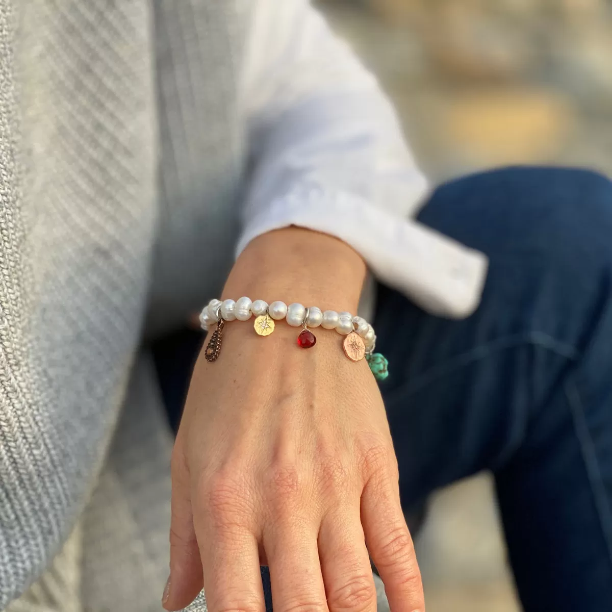 Find Your True North Pearl Bracelet with Silver, Gold, Brass and Rose Gold Charms - Petite Version