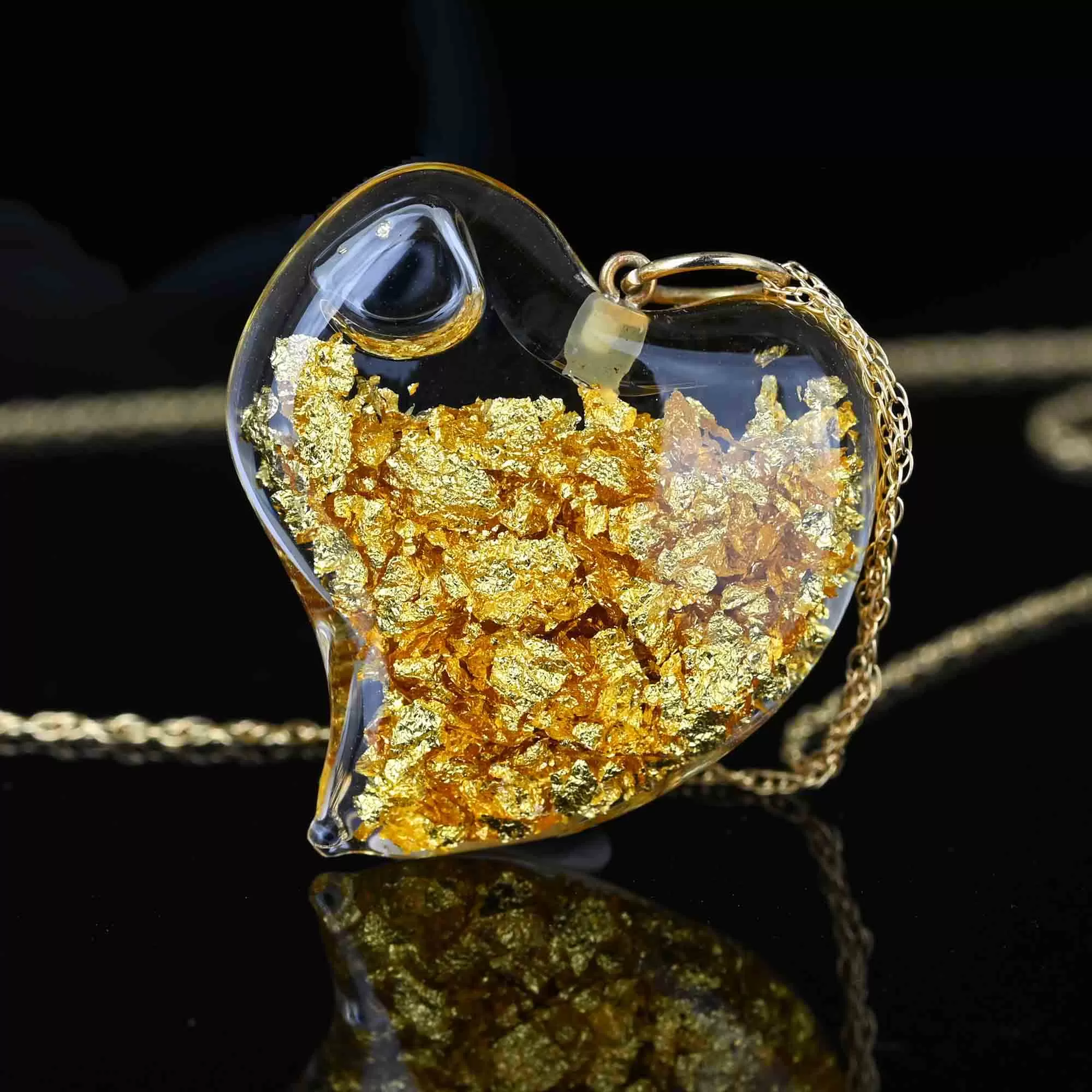 Floating 24K Gold Flake Witches Heart Pendant in 14K Gold