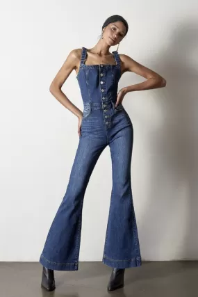 Front Buttons Flare Denim Overalls